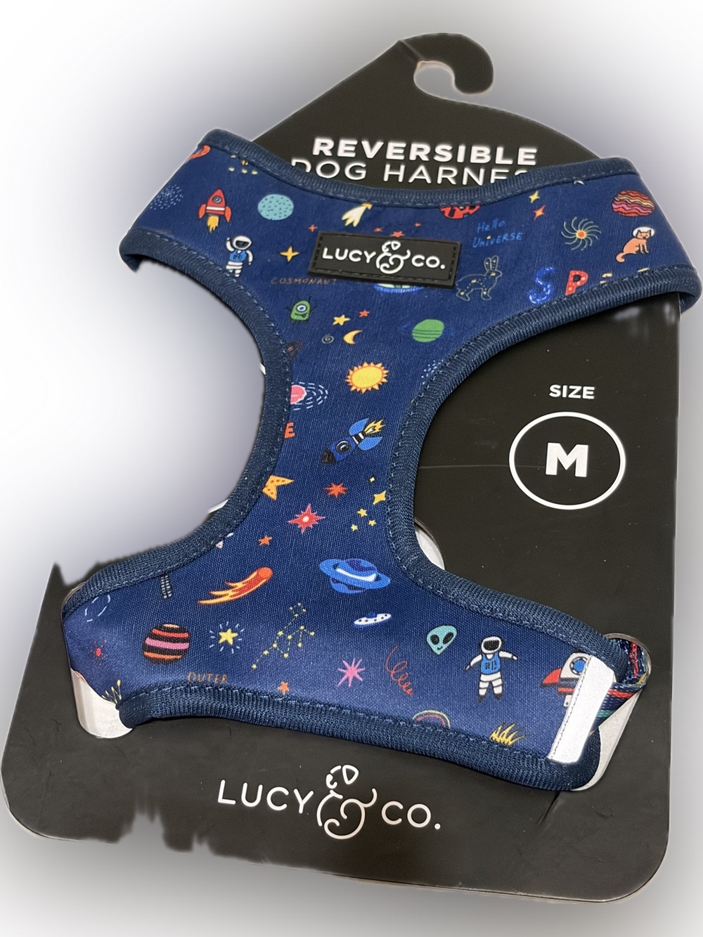 NEW REVERSIBLE LUCY & CO SPACE DOODLE m DOG HARNESS